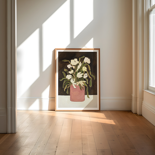 Floral still life oil painting print with white flowers in pink vase on dark brown background