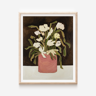 Floral still life oil painting print with white flowers in pink vase on dark brown background