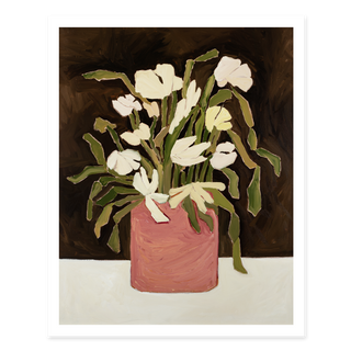 Floral still life oil painting print with white flowers in pink vase on dark brown background