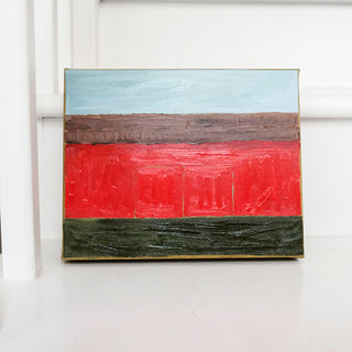 Original abstract landscape oil painting titled Barn Doors by Alex King featuring horizontal bands of pale blue, weathered brown, vibrant barn red, and deep green inspired by rural Arkansas farmland and barn architecture.