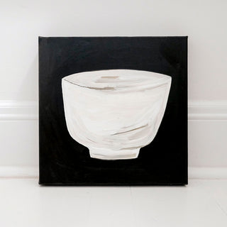 Original oil painting titled Bowl by Alex King featuring a white ceramic bowl on a black background with expressive textured brushstrokes in a contemporary minimalist still life style.
