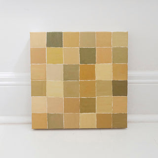 Original abstract oil painting titled Fly Over by Alex King featuring a geometric grid of hand-painted squares in olive green, ochre, cream, and golden earth tones inspired by an aerial view of farmland.