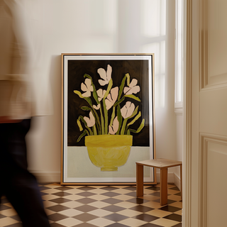 Floral still life oil painting print with pale pink flowers in yellow bowl on dark background