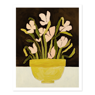 Floral still life oil painting print with pale pink flowers in yellow bowl on dark background