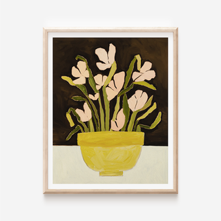 Floral still life oil painting print with pale pink flowers in yellow bowl on dark background