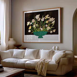 Floral still life oil painting print with white flowers in green bowl on dark background