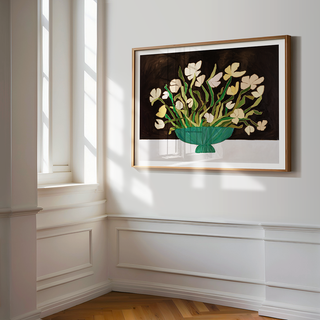 Floral still life oil painting print with white flowers in green bowl on dark background