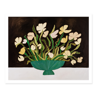 Floral still life oil painting print with white flowers in green bowl on dark background