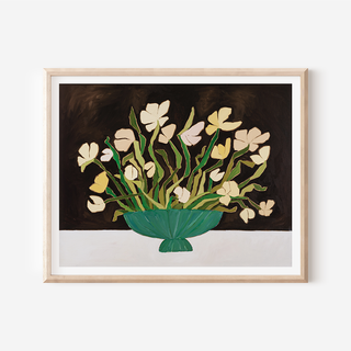 Floral still life oil painting print with white flowers in green bowl on dark background
