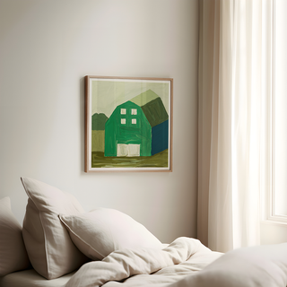 Green barn oil painting print inspired by Arkansas countryside and rural farmland