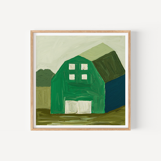 Green barn oil painting print inspired by Arkansas countryside and rural farmland
