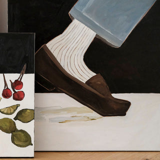 Original oil painting titled Loafer by Alex King featuring a brown leather loafer, ribbed white sock, and light blue denim against a black background in a contemporary fashion-inspired composition.