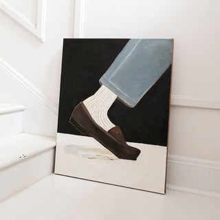 Original oil painting titled Loafer by Alex King featuring a brown leather loafer, ribbed white sock, and light blue denim against a black background in a contemporary fashion-inspired composition.