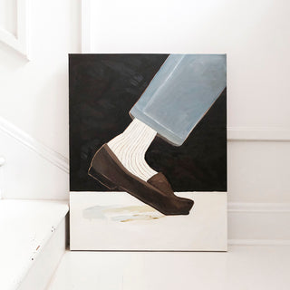 Original oil painting titled Loafer by Alex King featuring a brown leather loafer, ribbed white sock, and light blue denim against a black background in a contemporary fashion-inspired composition.