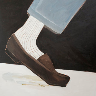 Original oil painting titled Loafer by Alex King featuring a brown leather loafer, ribbed white sock, and light blue denim against a black background in a contemporary fashion-inspired composition.