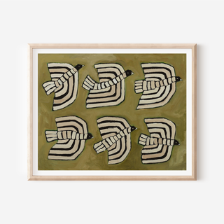Olive Green Striped Birds Print