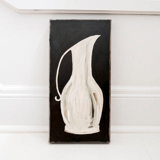 Original oil painting of a white ceramic pitcher on a black background by artist Alex Bodishbaugh. Contemporary black and white still life with expressive, textured brushstrokes.