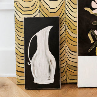 Original oil painting of a white ceramic pitcher on a black background by artist Alex Bodishbaugh. Contemporary black and white still life with expressive, textured brushstrokes.