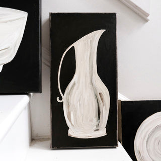 Original oil painting of a white ceramic pitcher on a black background by artist Alex Bodishbaugh. Contemporary black and white still life with expressive, textured brushstrokes.