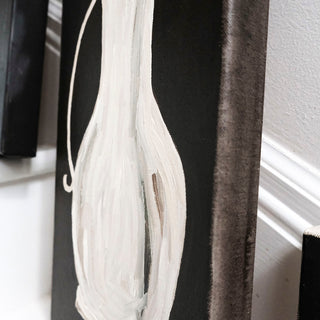 Original oil painting of a white ceramic pitcher on a black background by artist Alex Bodishbaugh. Contemporary black and white still life with expressive, textured brushstrokes.