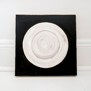 Original oil painting titled Plate by Alex King featuring a white ceramic dinner plate on a black background with expressive textured brushstrokes in a contemporary minimalist still life style.