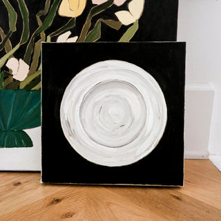 Original oil painting titled Plate by Alex King featuring a white ceramic dinner plate on a black background with expressive textured brushstrokes in a contemporary minimalist still life style.