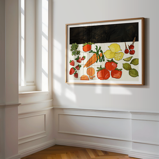 Colorful fruit and vegetable still life oil painting print with tomatoes, lemons, strawberries, carrots, and cherries on dark background