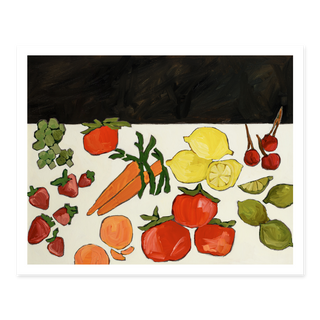 Colorful fruit and vegetable still life oil painting print with tomatoes, lemons, strawberries, carrots, and cherries on dark background