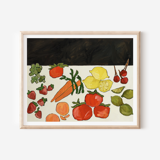 Colorful fruit and vegetable still life oil painting print with tomatoes, lemons, strawberries, carrots, and cherries on dark background