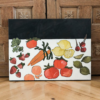 Original oil painting titled Produce by Alex King featuring tomatoes, lemons, carrots, strawberries, cherries, citrus, and leafy greens arranged in a colorful contemporary still life on a black-and-white background.