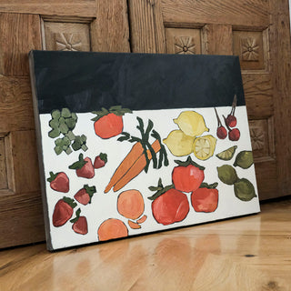 Original oil painting titled Produce by Alex King featuring tomatoes, lemons, carrots, strawberries, cherries, citrus, and leafy greens arranged in a colorful contemporary still life on a black-and-white background.