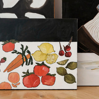 Original oil painting titled Produce by Alex King featuring tomatoes, lemons, carrots, strawberries, cherries, citrus, and leafy greens arranged in a colorful contemporary still life on a black-and-white background.