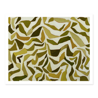 Abstract green and olive organic painting print with layered stem-like shapes on cream background