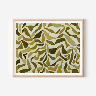 Abstract green and olive organic painting print with layered stem-like shapes on cream background
