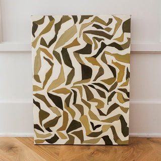 Original abstract botanical oil painting titled Stems by Alex King featuring layered organic leaf and stem shapes in olive green, camel, cream, and dark brown on canvas.