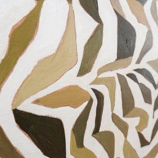 Original abstract botanical oil painting titled Stems by Alex King featuring layered organic leaf and stem shapes in olive green, camel, cream, and dark brown on canvas.