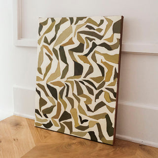Original abstract botanical oil painting titled Stems by Alex King featuring layered organic leaf and stem shapes in olive green, camel, cream, and dark brown on canvas.