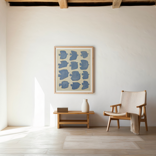 Minimalist blue bird oil painting print with twelve simplified birds on cream background