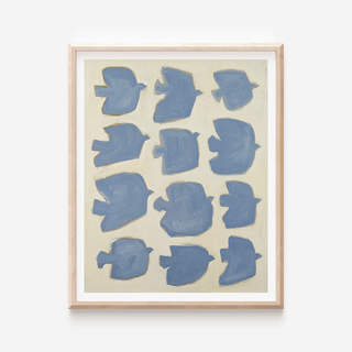 Minimalist blue bird oil painting print with twelve simplified birds on cream background