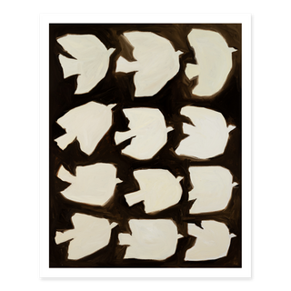 Minimalist bird oil painting print with twelve ivory birds on dark brown background