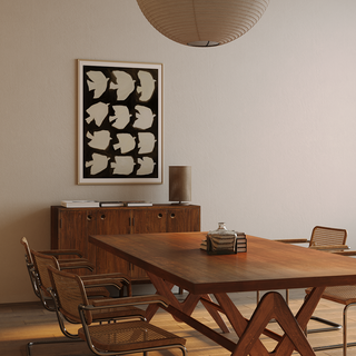 Minimalist bird oil painting print with twelve ivory birds on dark brown background