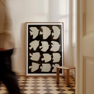 Minimalist bird oil painting print with twelve ivory birds on dark brown background