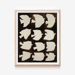 Minimalist bird oil painting print with twelve ivory birds on dark brown background
