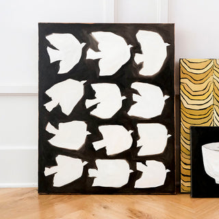 Original oil painting titled Twelve Birds by Alex King featuring twelve minimalist white birds arranged in a grid against a black background with expressive brushstrokes in a contemporary graphic composition.