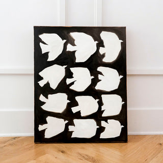 Original oil painting titled Twelve Birds by Alex King featuring twelve minimalist white birds arranged in a grid against a black background with expressive brushstrokes in a contemporary graphic composition.