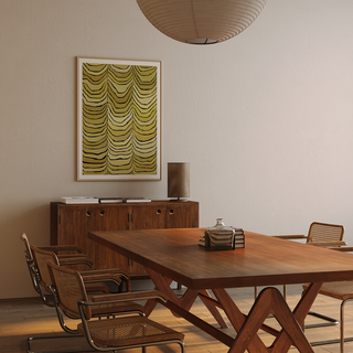Abstract yellow curtain-inspired oil painting print with layered draped stripe pattern