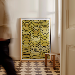 Abstract yellow curtain-inspired oil painting print with layered draped stripe pattern