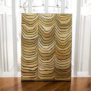 Original abstract oil painting titled Yellow Curtains by Alex King featuring repeating draped curtain-inspired lines in warm shades of ochre, mustard, olive green, and cream with bold black outlines.
