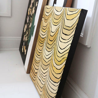 Original abstract oil painting titled Yellow Curtains by Alex King featuring repeating draped curtain-inspired lines in warm shades of ochre, mustard, olive green, and cream with bold black outlines.