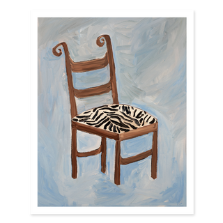 Wooden chair oil painting print with zebra upholstered seat and soft blue background